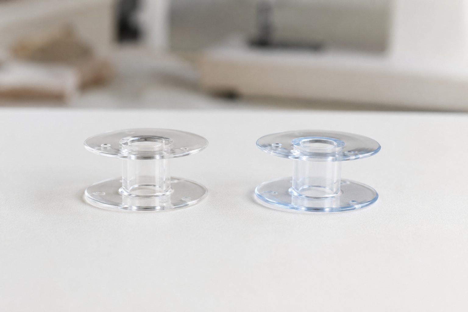 Class 15 and Class 15J style transparent sewing machine bobbins shown side by side.