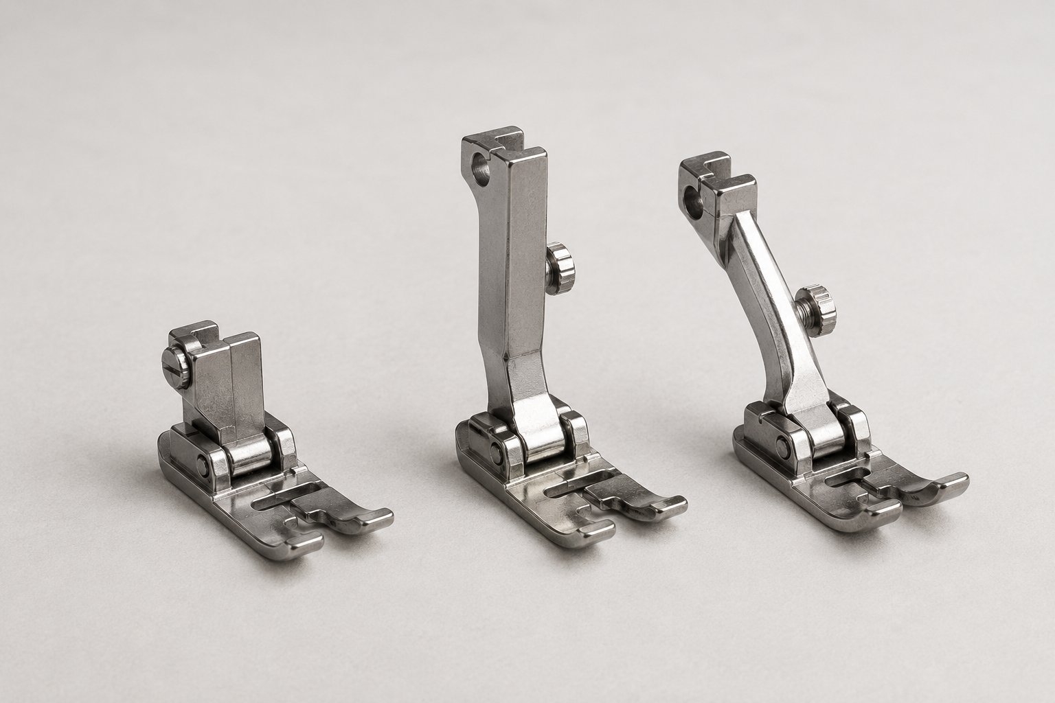 Low, high and angled sewing machine presser-foot attachment assemblies shown side by side.