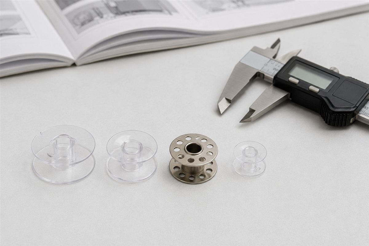 Clear plastic and metal sewing machine bobbins beside a digital caliper and an open manual.