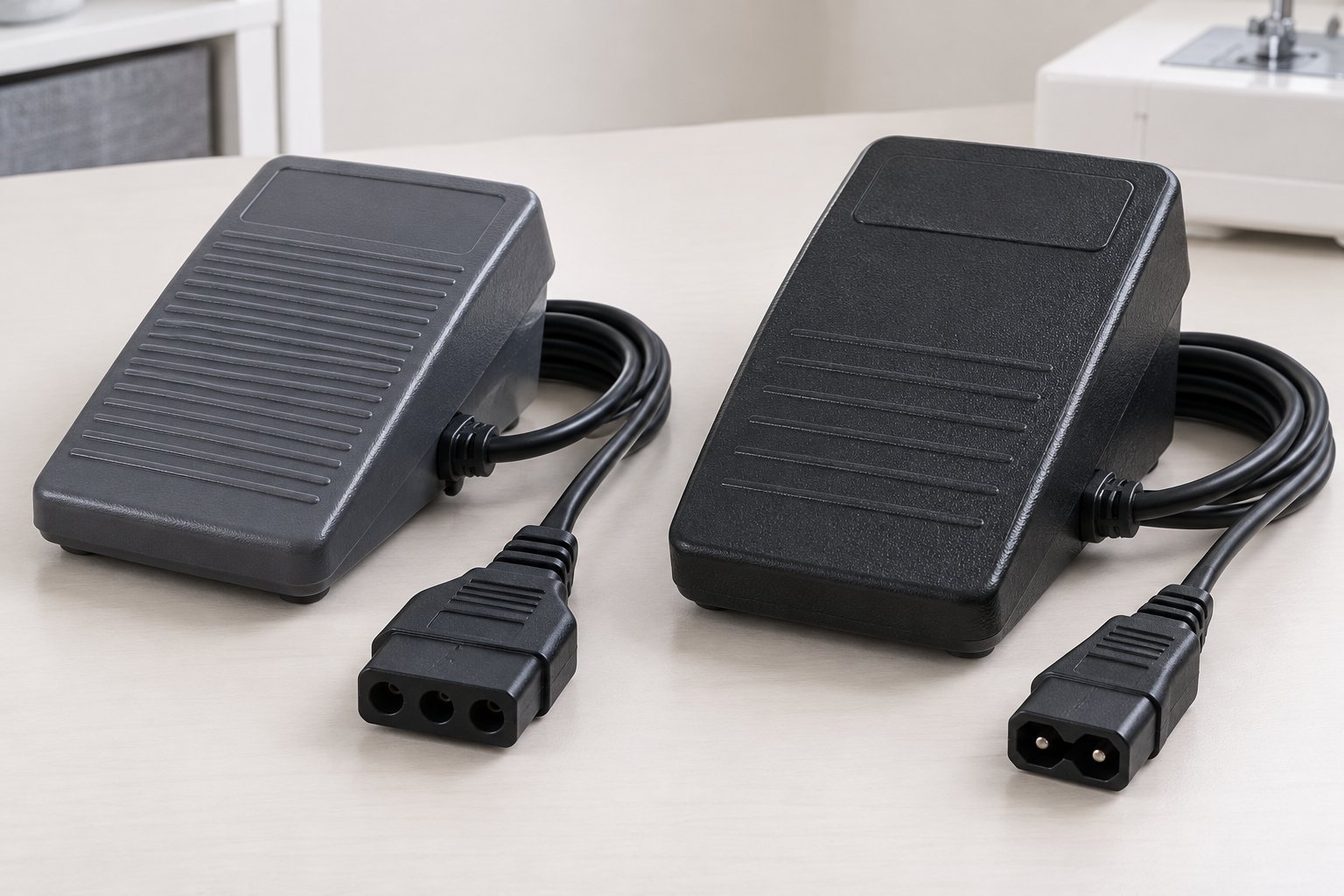 Two sewing machine foot controllers with different machine connectors.