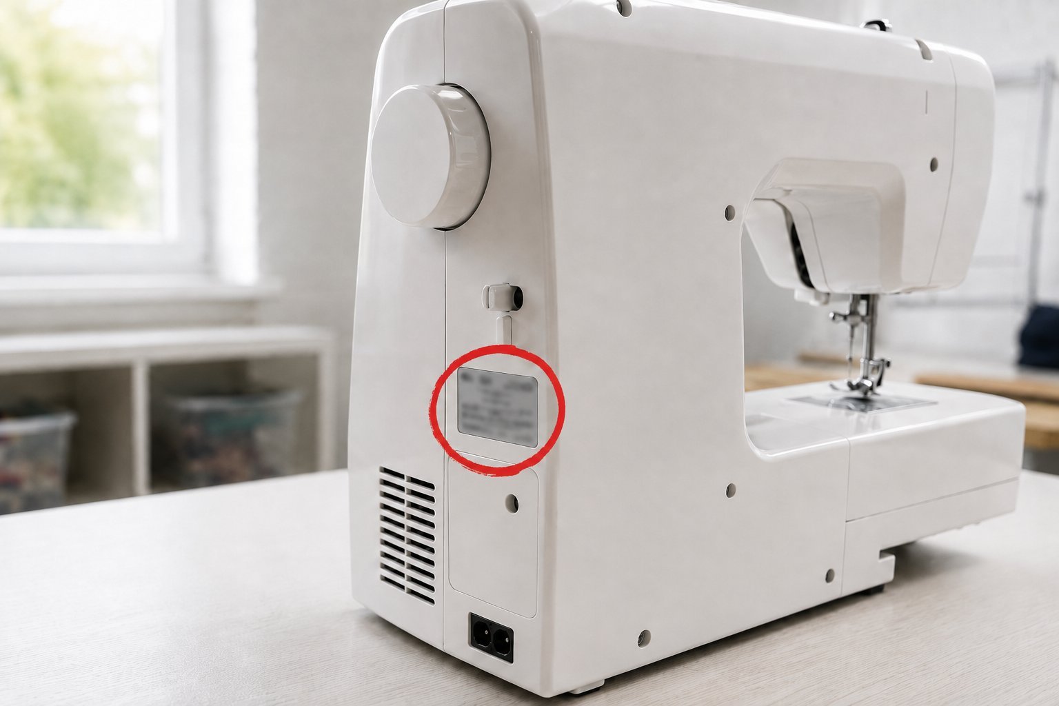 Rear view of a sewing machine with a model-number label circled in red.