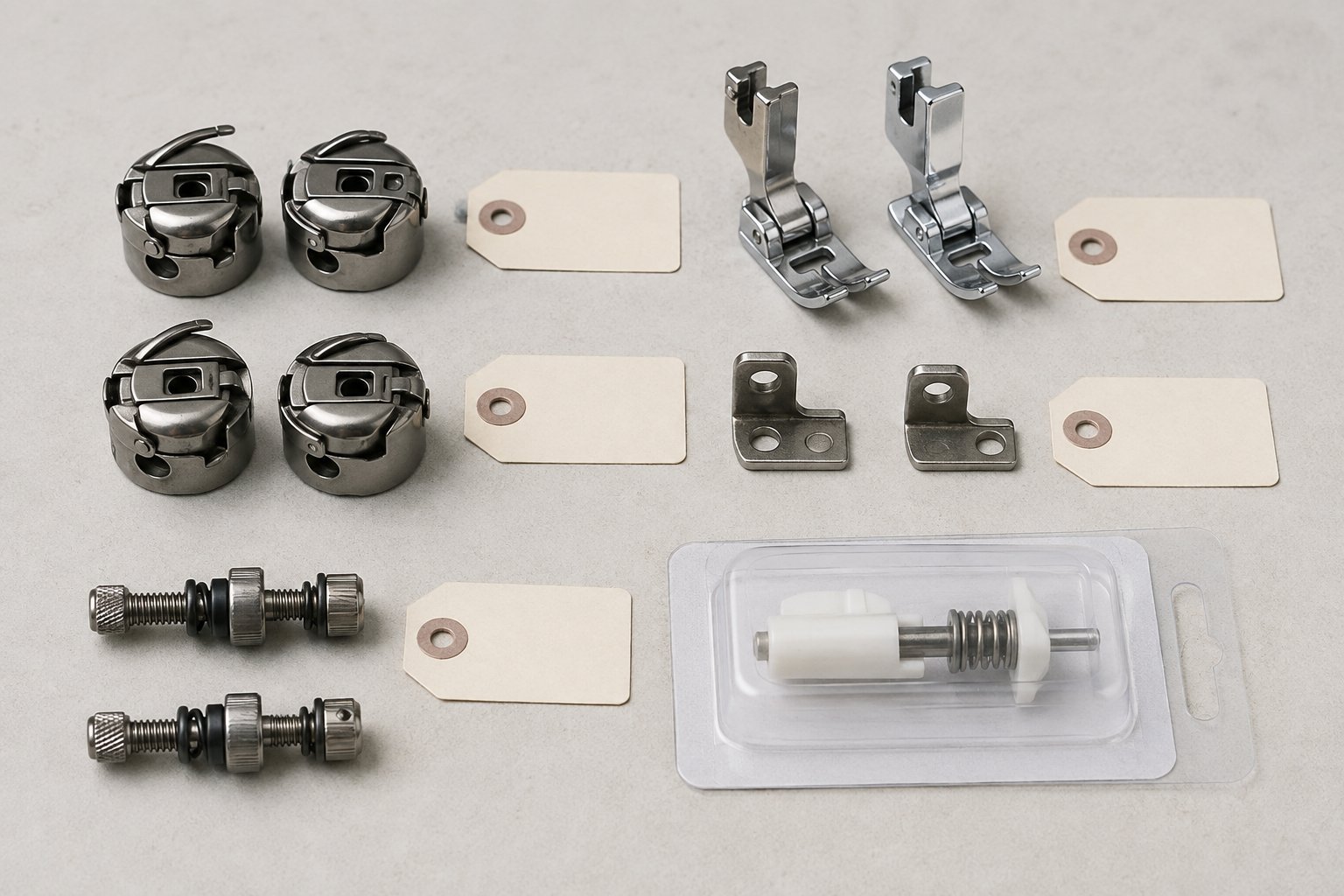 Several sewing machine replacement parts with blank identification tags arranged as a cross-reference set.