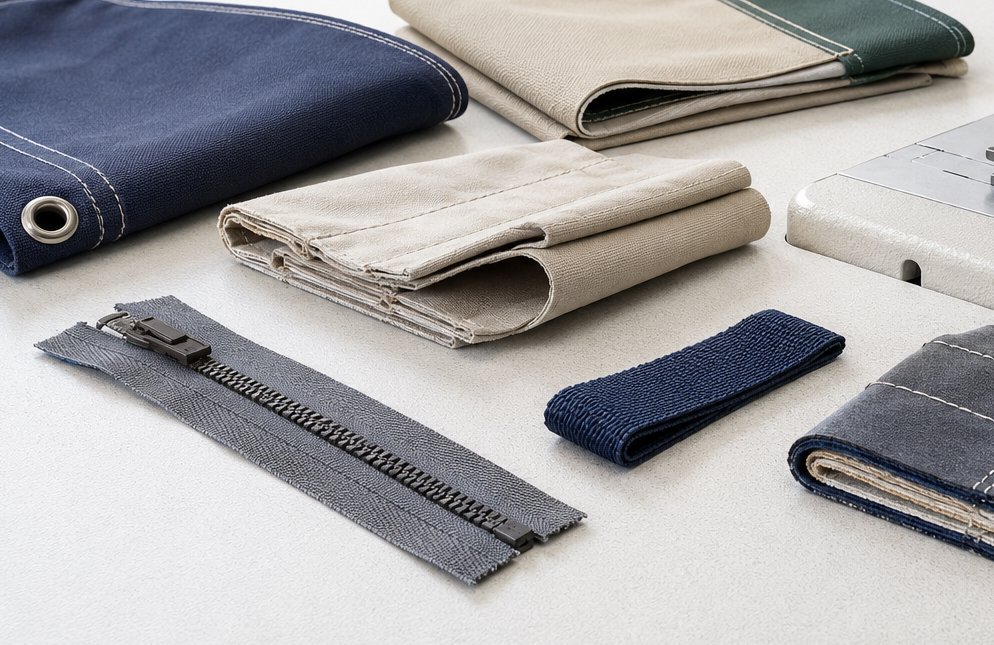 Heavy marine canvas and webbing beside a walking-foot sewing machine work area.